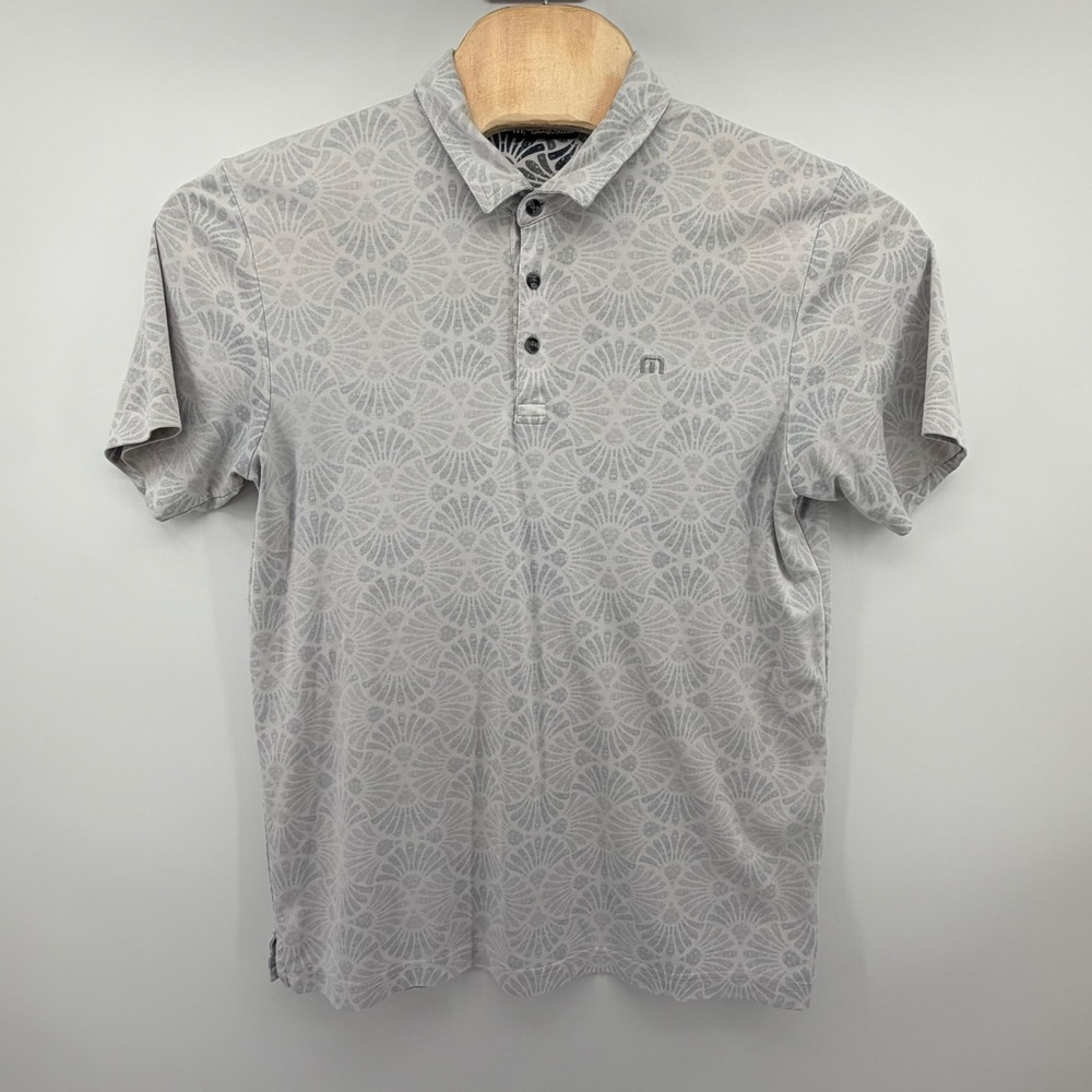 TravisMathew Polo Shirt Mens Large Grey White Geometric Fan Print Short Sleeve - Picture 2 of 6